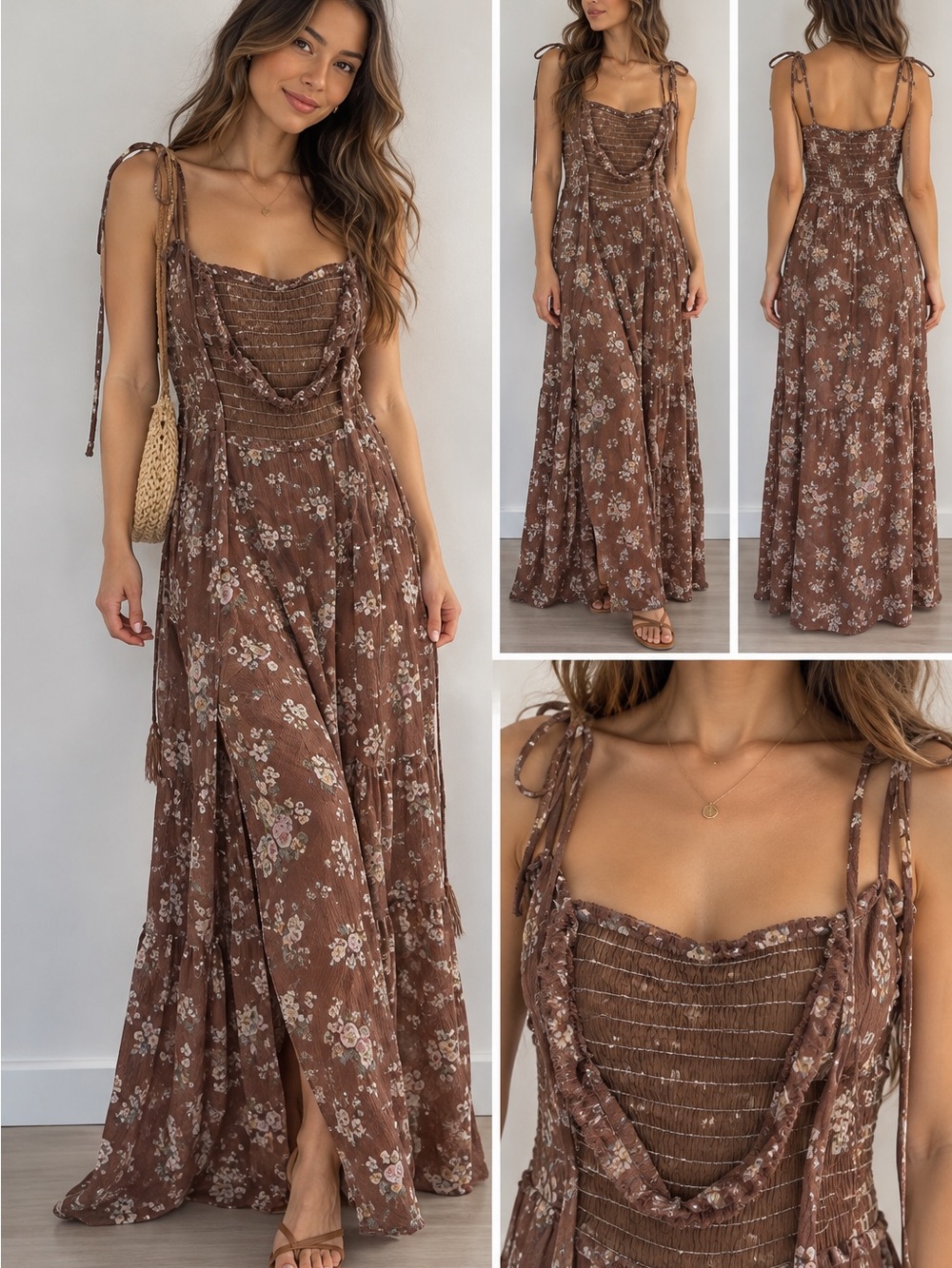 HYFVE Brown Floral Tie-Shoulder Maxi Dress
